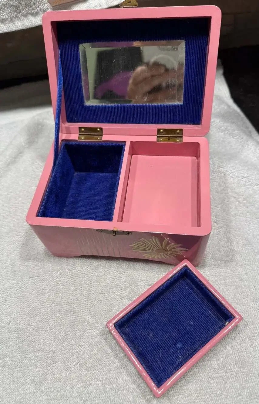 Vintage Pink Floral Wooden Jewelry Music Box with Mirror